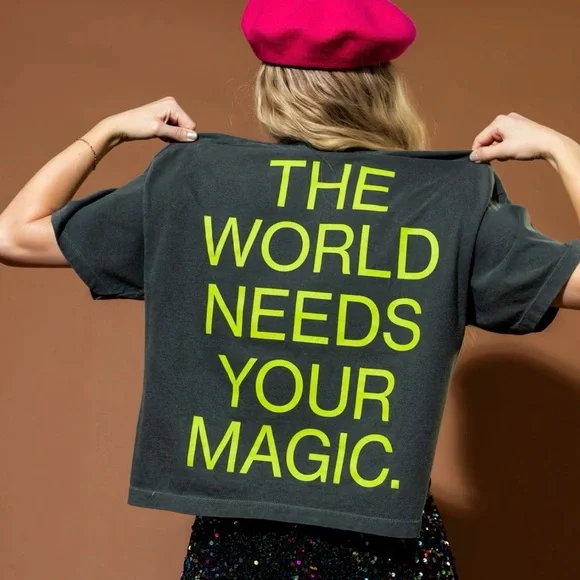 NWOT Dressed in LALA Washed Charcoal Tee with Neon Lime Smiley - Size S/M - Picture 2 of 12